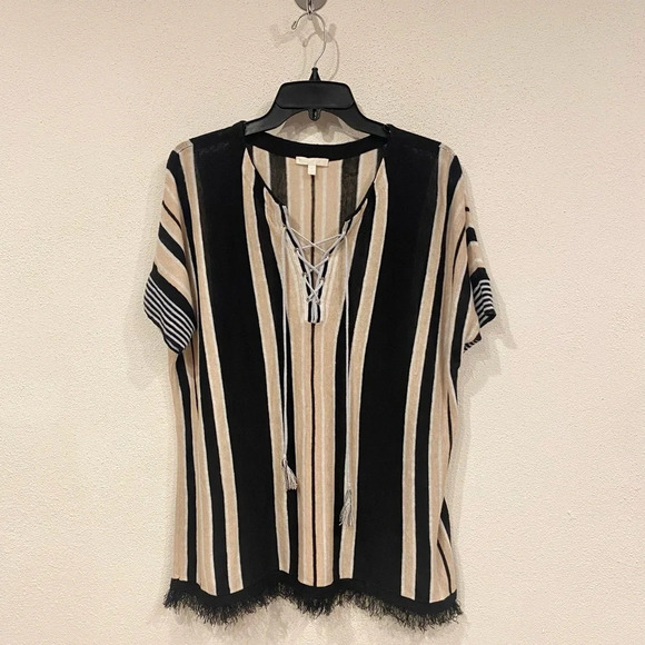 Lisa Todd Striped Fringe Short Sleeve Sweater Size Medium EUC - Picture 2 of 4